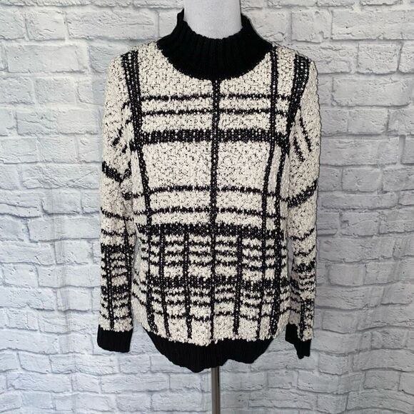 Solitaire women L scoopneck Longsleeve plaid pattern popcorn sweater B&W - Picture 1 of 9
